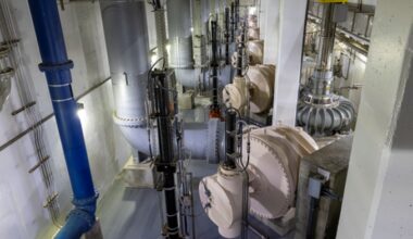 Force mains and pumps inside a large industrial room