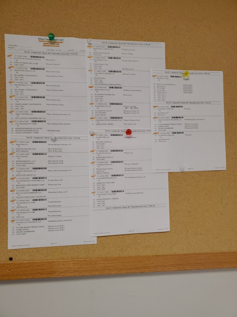 A court calendar posted outside the Brooklyn commercial housing courtroom lists the case of La Cachette Du Coin LLC against 625 Rogers 2018 LLC on June 16, 2026. Photo by Allison Hunter for The Haitian Times.
