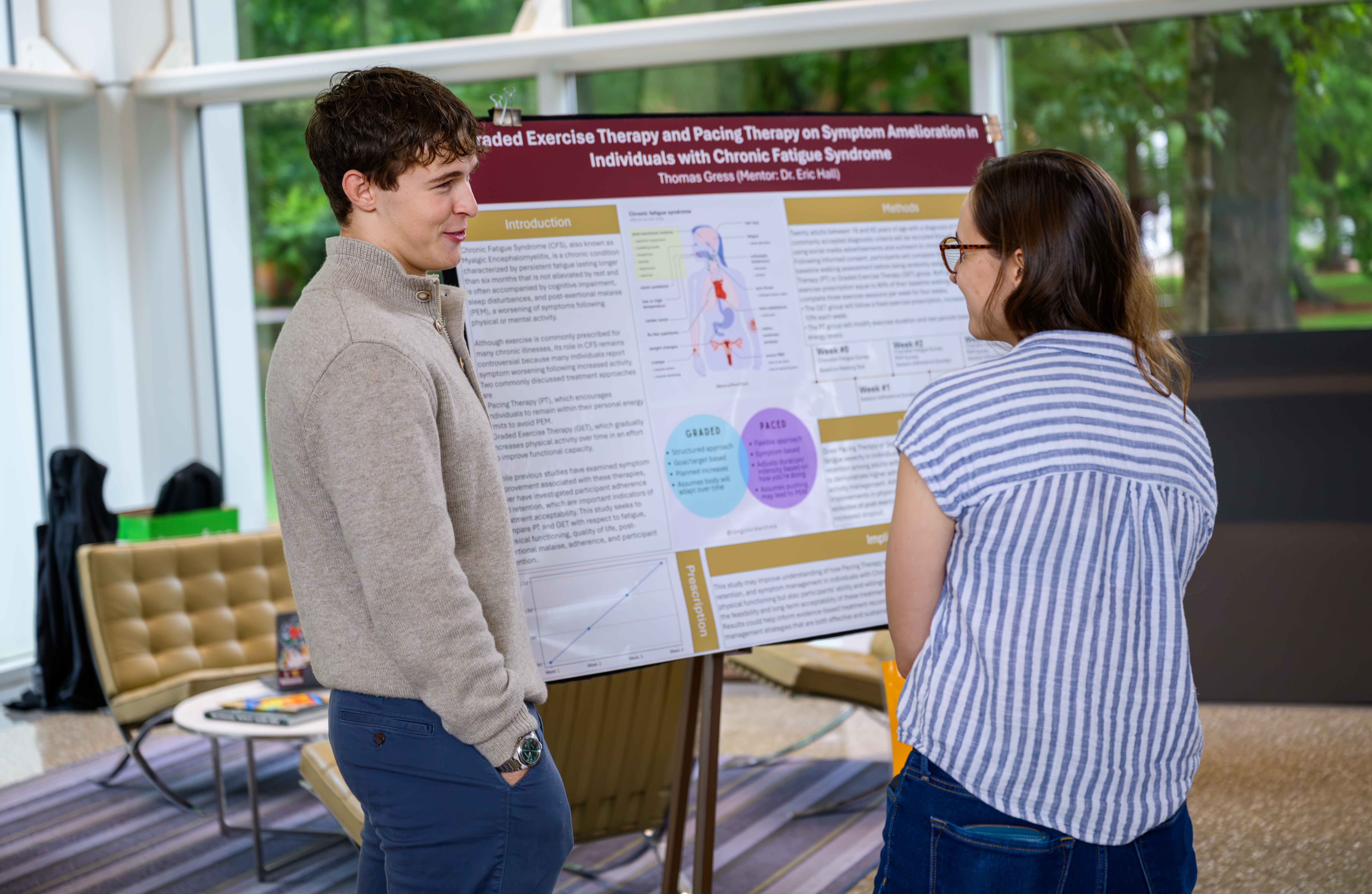  Thomas Gress ’27 shares details of his research comparing exercise approaches for individuals with chronic fatigue syndrome during the Summer Undergraduate Research Experience.