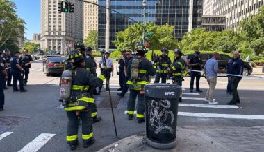 The New York City Fire Department and law enforcement respond to an incendiary device outside the New York federal building in lower Manhattan, Monday, July 20, 2026, in New York. (AP Photo/Larry Neumeister)