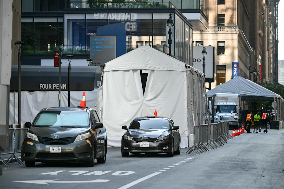 Multiple tented entrances are seen outside Madison Square Garden, the reported venue for the wedding celebrations of pop singer Taylor Swift and pro-athlete Travis Kelce, in New York City on July 3, 2026.