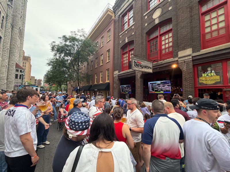 World Cup fans filled the block outside Wolff's Biergarten in Syracuse to watch the USA vs. Belgium match on July 6, 2026.