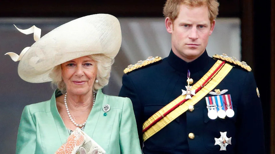 Queen Camilla and Prince Harry during the annual Trooping The Colour ceremony at Buckingham Palace on June 13, 2015