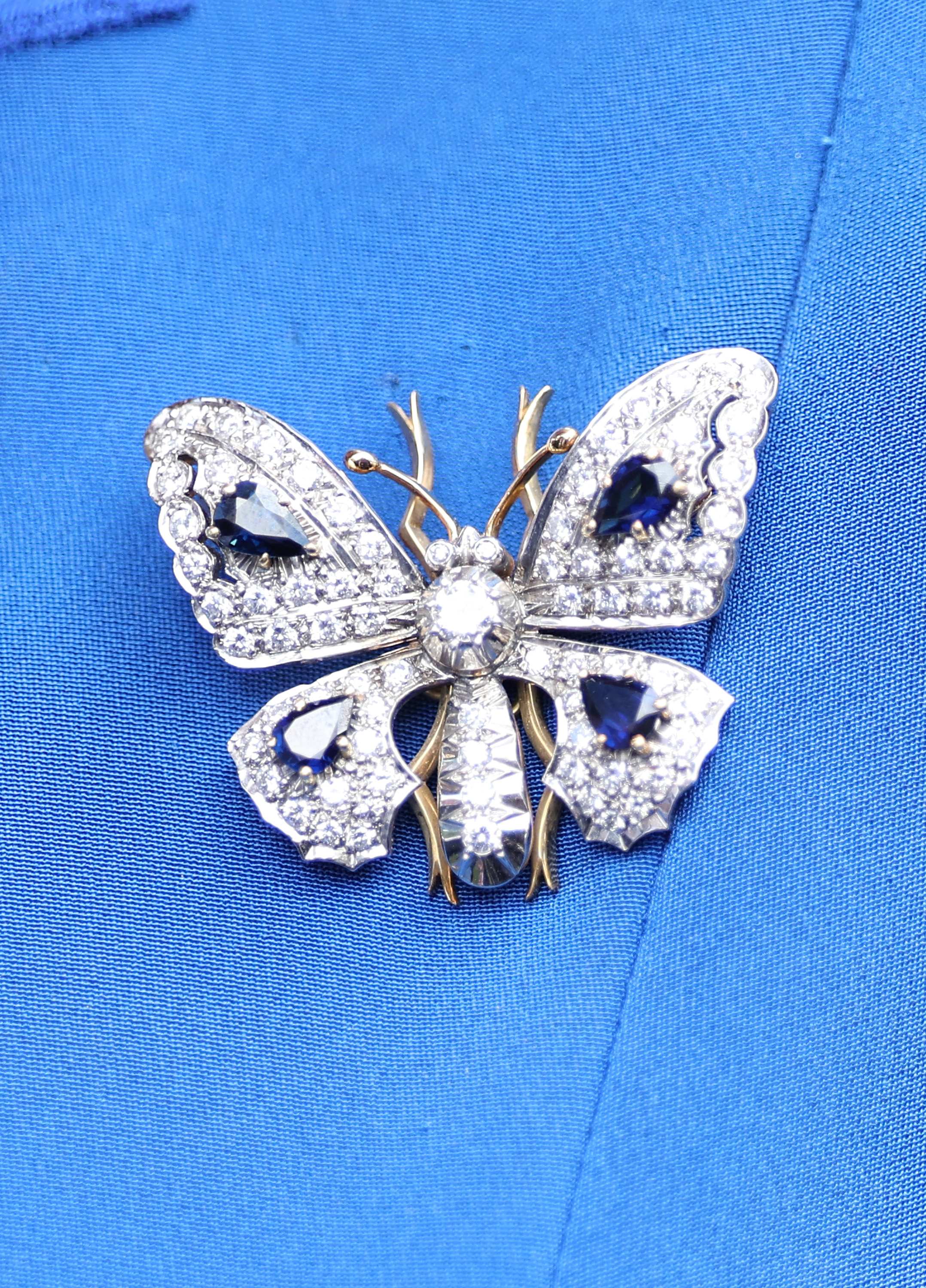 Queen Camilla wearing a sapphire butterfly brooch against a blue coat