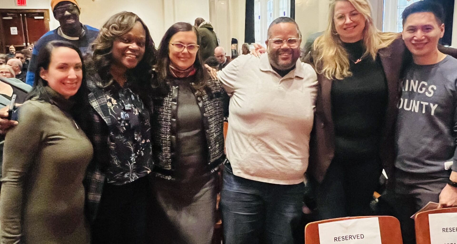 From left: Hon. Marisa Arrabito; Brooklyn Democratic Party Chair and Assemblymember Rodneyse Bichotte Hermelyn, D-42; District Leader Angela Kravtchenko, D-46; District Leader Julio Peña, D-51; District Leader Jacqui Painter, D-51; and District Leader Aaron Ouyang, D-52. Photo: Wayne Daren Schneiderman/Brooklyn Eagle