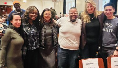 From left: Hon. Marisa Arrabito; Brooklyn Democratic Party Chair and Assemblymember Rodneyse Bichotte Hermelyn, D-42; District Leader Angela Kravtchenko, D-46; District Leader Julio Peña, D-51; District Leader Jacqui Painter, D-51; and District Leader Aaron Ouyang, D-52. Photo: Wayne Daren Schneiderman/Brooklyn Eagle