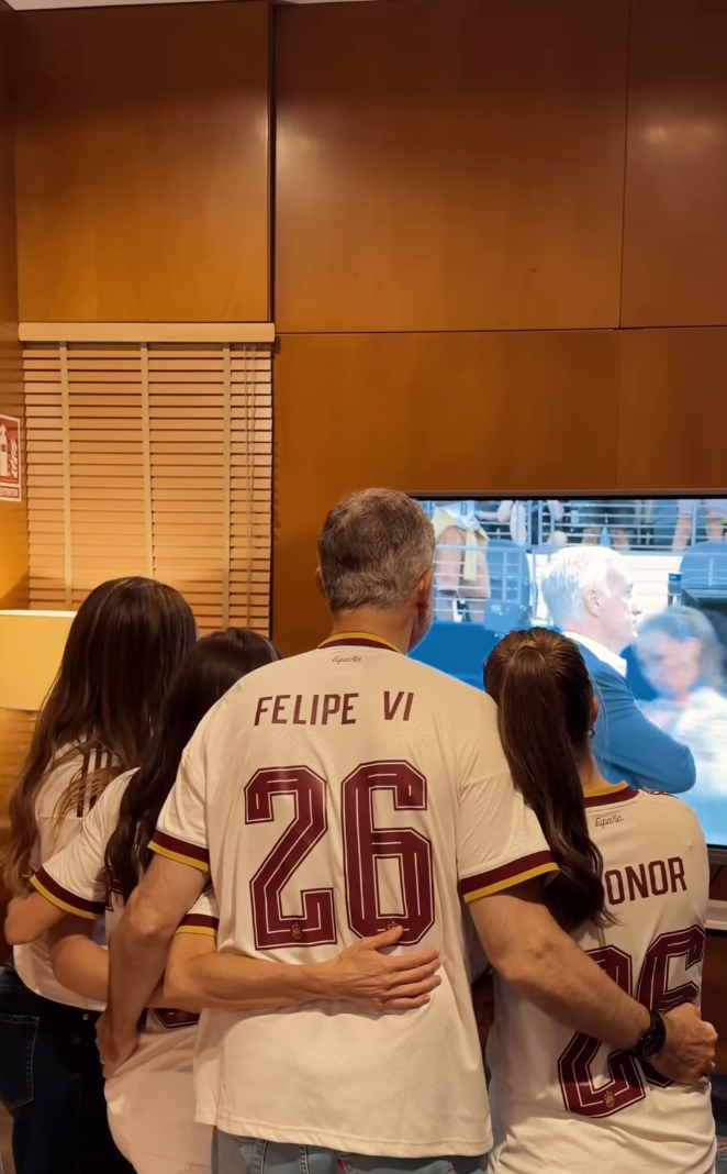 The Spanish royal family wore matching Spain national team jerseys as they cheered on La Roja from home.