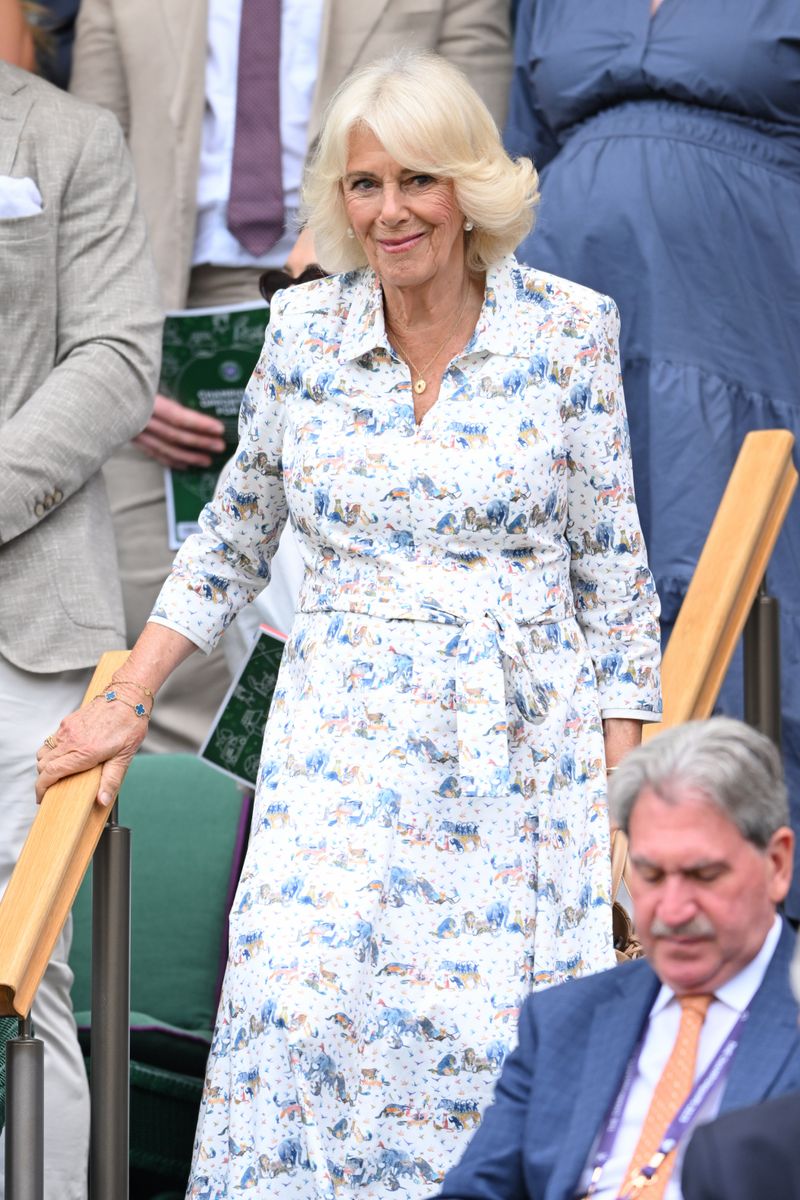 The monarch made her fourth consecutive Wimbledon appearance in an elegant recycled ensemble that reflected her commitment to sustainable fashion.