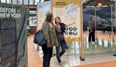 Visitors explored the “Before New York” pop-up exhibit at Green-Wood before a lecture by Eric Sanderson. Photo: Ella Spungen/Brooklyn Eagle