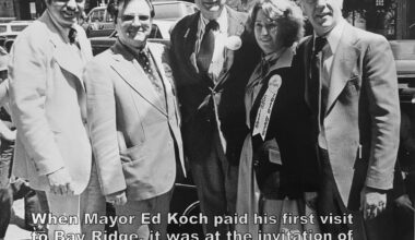 Flashback to NYC Mayor Ed Koch’s first visit to Bay Ridge, from left: Chuck Otey, Sal Milazzo, Ed Koch, Ruth Berg and Al Nahas. Photo: Chuck Otey