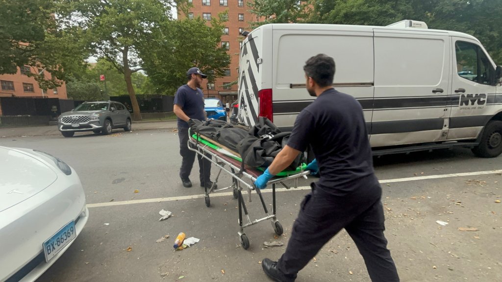 Two personnel from the NYC Office of the Chief Medical Examiner moving skeletal remains on a stretcher into a white van.