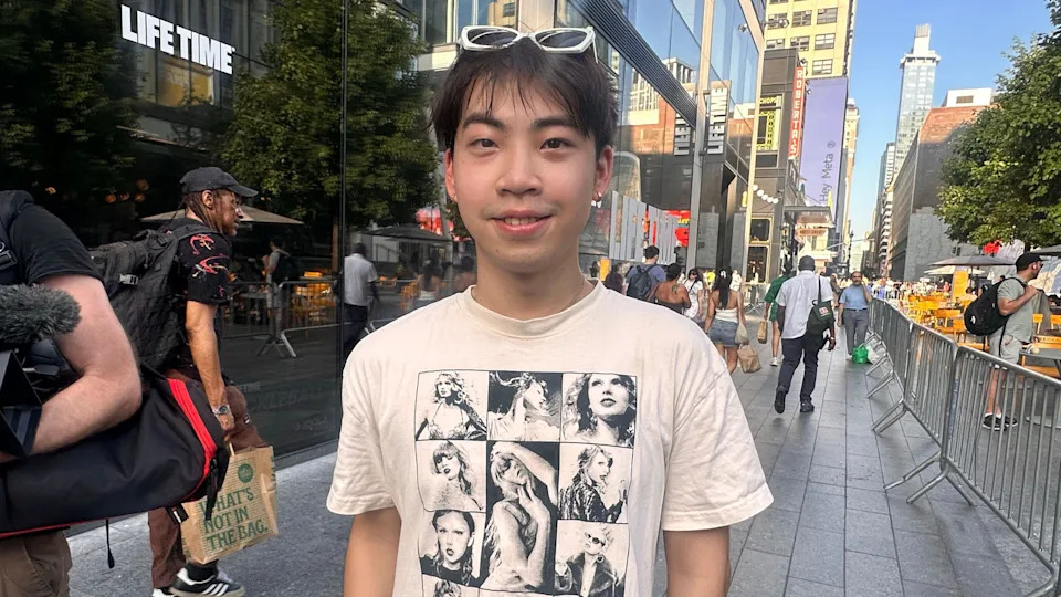 Ryan Weng, a fan, wears a Taylor Swift eras tour t-shirt outside Madison Square Garden.