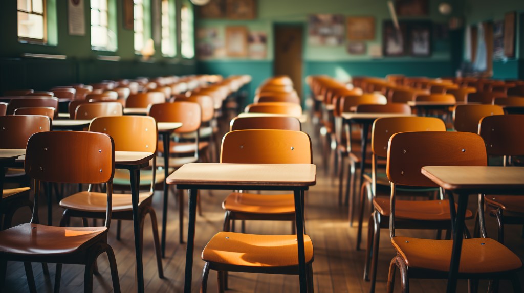 Illustration of an empty vintage classroom with rows of wooden desks and chairs.
