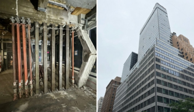 Emergency stabilisation measures in place on the Midtown Manhattan tower where two columns buckled during its conversion to residential use