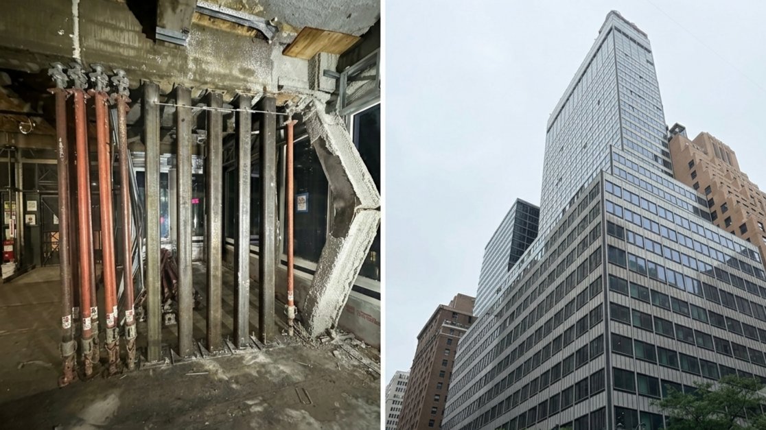 Emergency stabilisation measures in place on the Midtown Manhattan tower where two columns buckled during its conversion to residential use