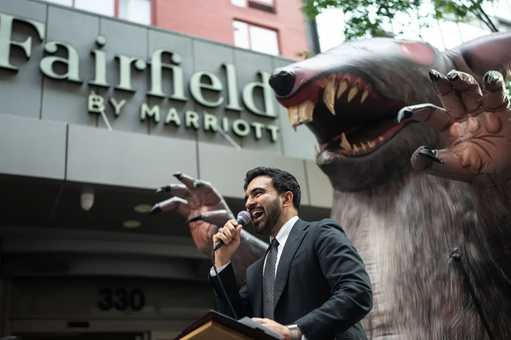 Mayor Zohran Mamdani delivers remarks at a rally with and picketing workers in Midtown,