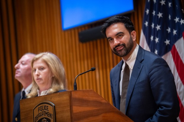 Mayor Mamdani joins NYPD Commissioner Jessica Tisch for a quarterly crime statistics briefing at One Police Plaza, Manhattan, on Thursday, July 2, 2026. (Ed Reed/Mayoral Photography Office)