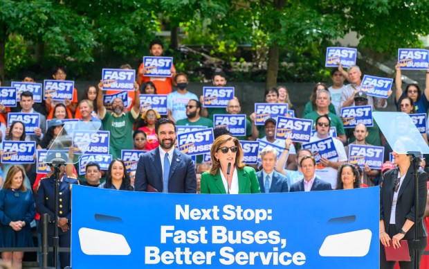 Gov. Kathy Hochul delivers remarks at a bus action plan announcement on July 8, 2026, in Brooklyn, New York. (Susan Watts / Office of Governor Kathy Hochul)