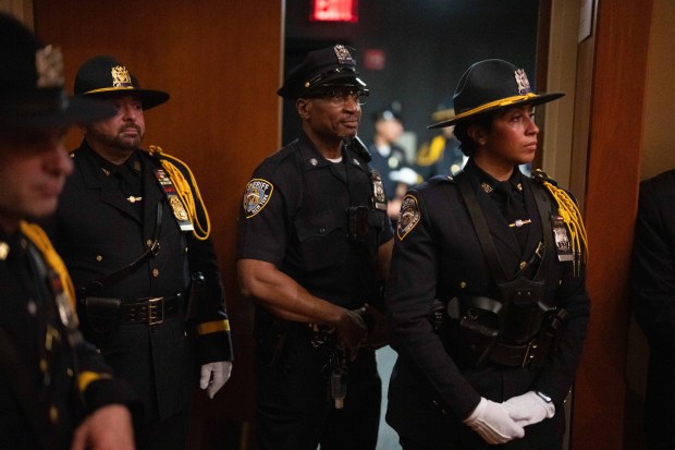 Memebers of the New York City Sheriff's Department watch as Mayor Zohran Mamdani delivers remarks at the swearing-in ceremony for New York City Sheriff Edwin Raymond at Brooklyn College on Monday, July 27, 2026. (Michael Appleton / Mayoral Photography Office)