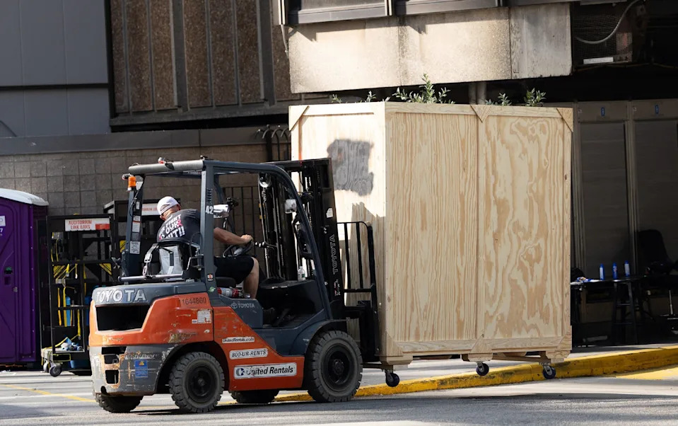Workers have been seen unloading trucks and transporting large boxes into Madison Square Garden, in New York City, allegedly in preparation for the rumoured wedding of Taylor Swift and Travis Kelce