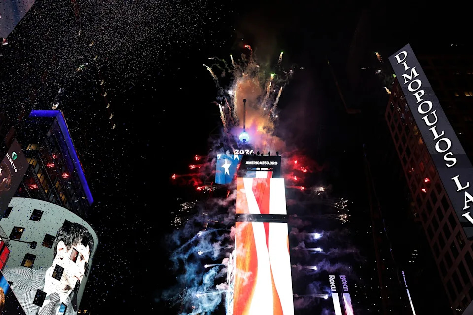 John Lamparski/AFP via Getty Images - PHOTO: Fireworks explode as people attend the New Year's Eve celebrations and ball drop in Times Square in New York, Jan. 1, 2026.