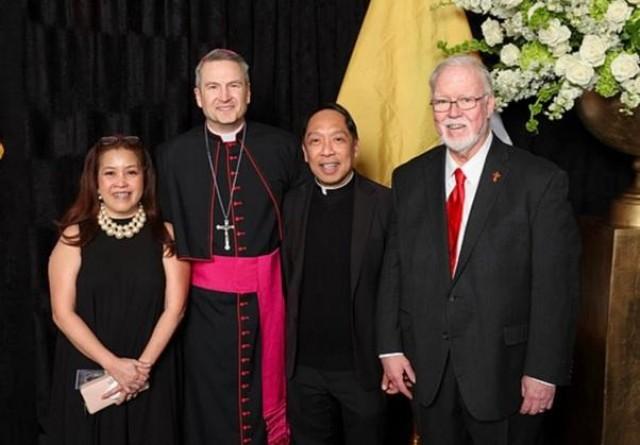 With (from left) FILCA President Sunny Cervantes, Archbishop of New York Ronald Hicks, and Deacon Jim Cowan of the Church of the Sacred Heart. Courtesy Matthew Adam via The FilAm