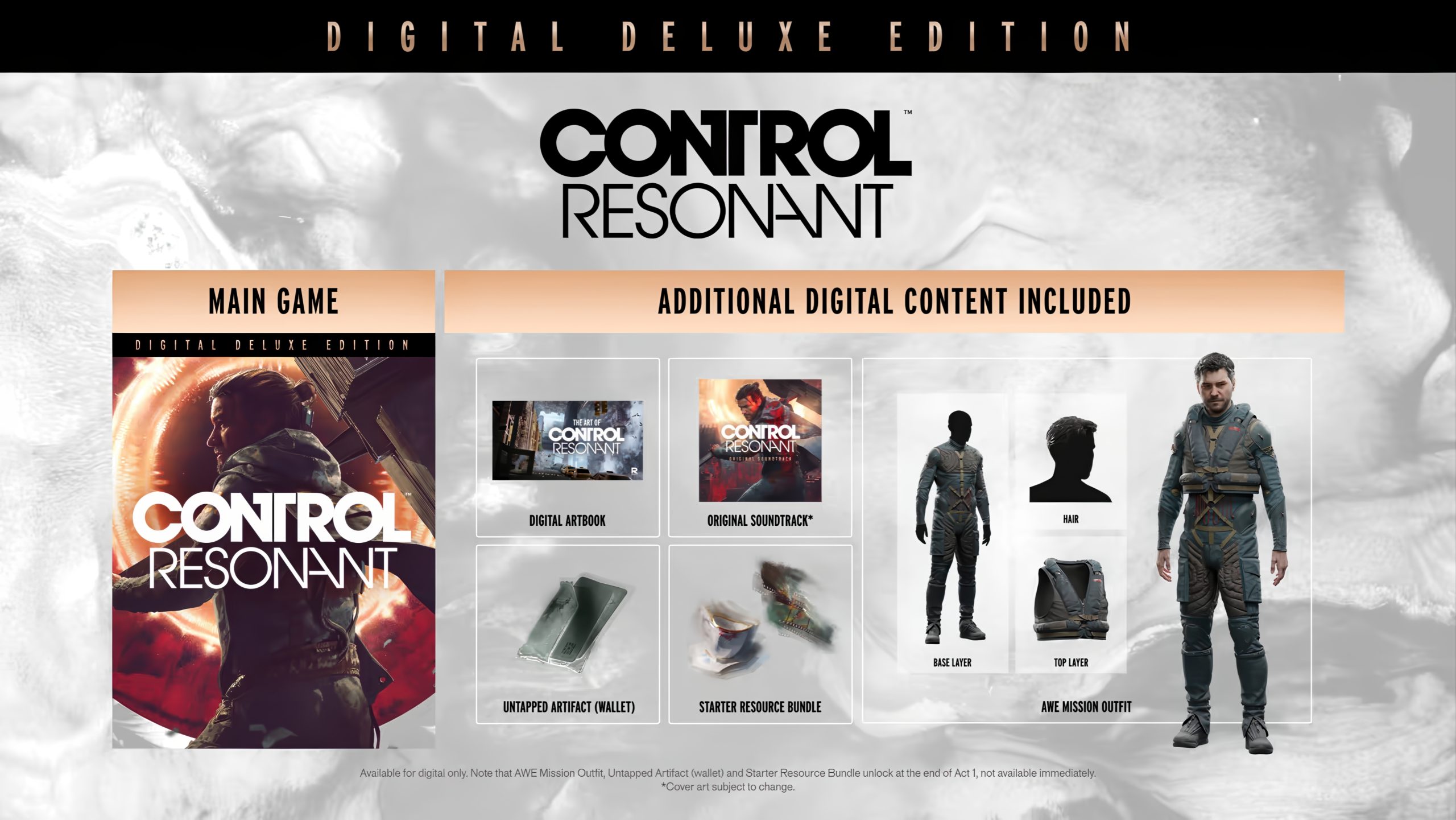 The image shows the 'Control Resonant Digital Deluxe Edition' featuring the main game and additional digital content such as a digital artbook, original soundtrack, untapped artifact (wallet), starter resource bundle, AWE mission outfit, base layer, top layer, and hair.