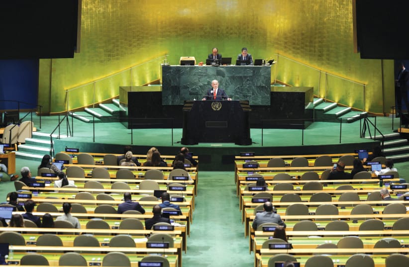 PRIME MINISTER Benjamin Netanyahu speaks to many empty seats at the UN General Assembly.