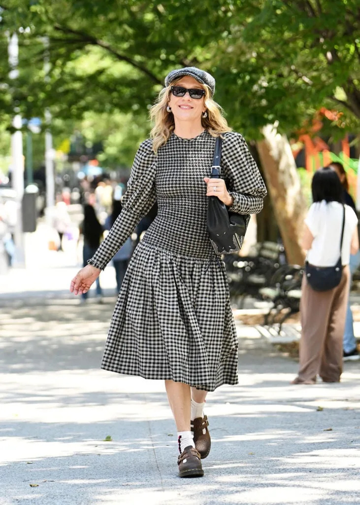 Chloë Sevigny wearing a Tanner Fletcher Fall 2026 gingham dress while out in New York City.