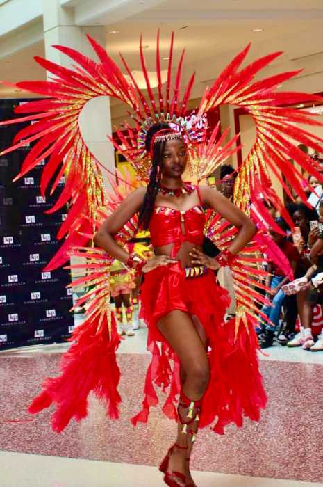 A young reveler is dressed in a dazzling red costume as part of a section of the Sesame Flyers Carnival band showcase at a July 11 Carnival launch in the Center Court of Kings Plaza in Brooklyn. 