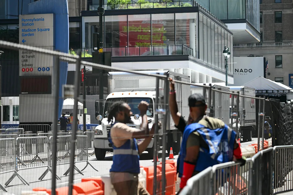 Trucks and security fencing are seen outside Madison Square Garden, the reported venue for the wedding celebrations of Taylor Swift and Travis Kelce.