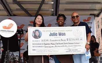 Council Member Julie Won presented ceremonial checks at Queensbridge Family Day, the annual summer block party celebrating residents of the nation’s largest public housing devel­opment, marking $18.5 million in funding secured for NYCHA developments citywide and at Queensbridge. Council Member Won was joined by Bishop Mitchell G. Taylor, Co-Founder and CEO of Urban Upbound, elected officials including State Senator Kristen Gonzalez and Assembly Member Diana Moreno.