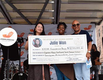 Council Member Julie Won presented ceremonial checks at Queensbridge Family Day, the annual summer block party celebrating residents of the nation’s largest public housing devel­opment, marking $18.5 million in funding secured for NYCHA developments citywide and at Queensbridge. Council Member Won was joined by Bishop Mitchell G. Taylor, Co-Founder and CEO of Urban Upbound, elected officials including State Senator Kristen Gonzalez and Assembly Member Diana Moreno.