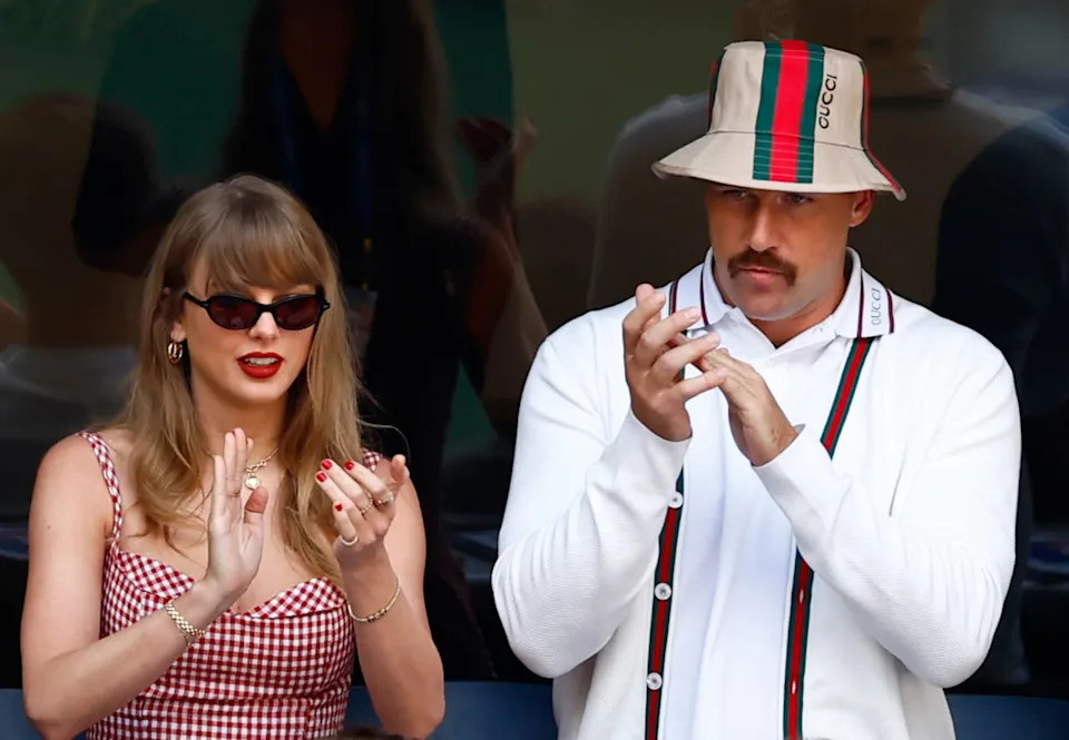 Sep 8, 2024; Flushing, NY, USA; Recording artist Taylor Swift and Kansas City Chiefs tight end Travis Kelce look on in the men’s singles final of the 2024 U.S. Open tennis tournament at USTA Billie Jean King National Tennis Center at Louis Armstrong Stadium. Mandatory Credit: Mike Frey-Imagn ImagesMike Frey-Imagn Images