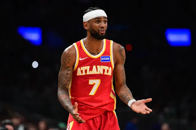Mar 27, 2026; Boston, Massachusetts, USA; Atlanta Hawks guard Nickeil Alexander-Walker (7) reacts during the second half against the Boston Celtics at TD Garden. Mandatory Credit: Bob DeChiara-Imagn Images
