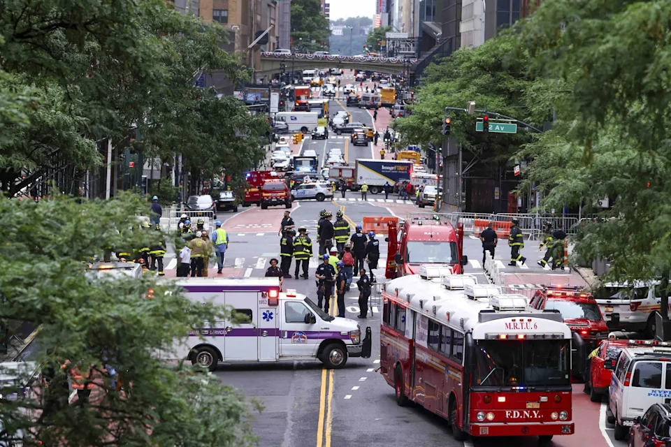 Olga Fedorova/EPA via Shutterstock - PHOTO: Emergency services respond to a 38-story building under construction in Midtown Manhattan after workers discovered structural support beams beginning to buckle in New York, on July 7, 2026.