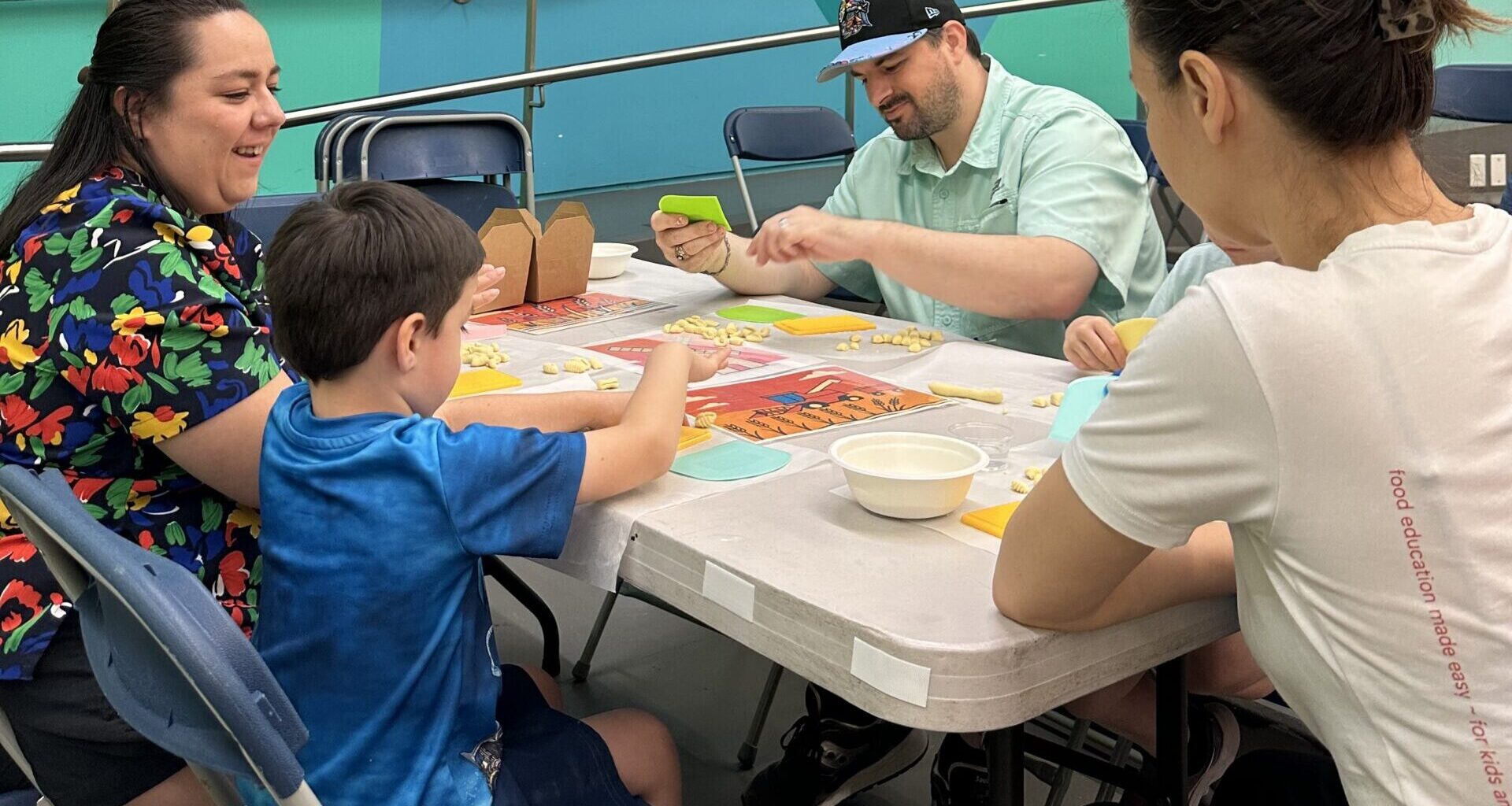 Sandra and Chris Anderson, alongside their children Owen and Connor, made cavatelli and learned about wheat with food nonprofit Pastable. Photo: Brooklyn Eagle Staff