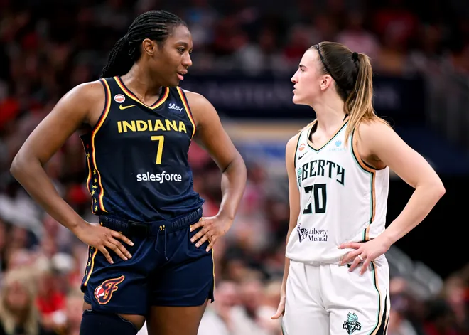 INDIANAPOLIS, INDIANA - JULY 18: Aliyah Boston #7 of the Indiana Fever talks to Sabrina Ionescu #20 of the New York Liberty during the second half at Gainbridge Fieldhouse on July 18, 2026, in Indianapolis, Indiana. NOTE TO USER: User expressly acknowledges and agrees that, by downloading and or using this photograph, User is consenting to the terms and conditions of the Getty Images License Agreement. (Photo by Bobby Goddin/Getty Images)
