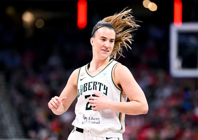 INDIANAPOLIS, INDIANA - JULY 18: Sabrina Ionescu #20 of the New York Liberty reacts during the first half against the Indiana Fever at Gainbridge Fieldhouse on July 18, 2026, in Indianapolis, Indiana. NOTE TO USER: User expressly acknowledges and agrees that, by downloading and or using this photograph, User is consenting to the terms and conditions of the Getty Images License Agreement. (Photo by Bobby Goddin/Getty Images)