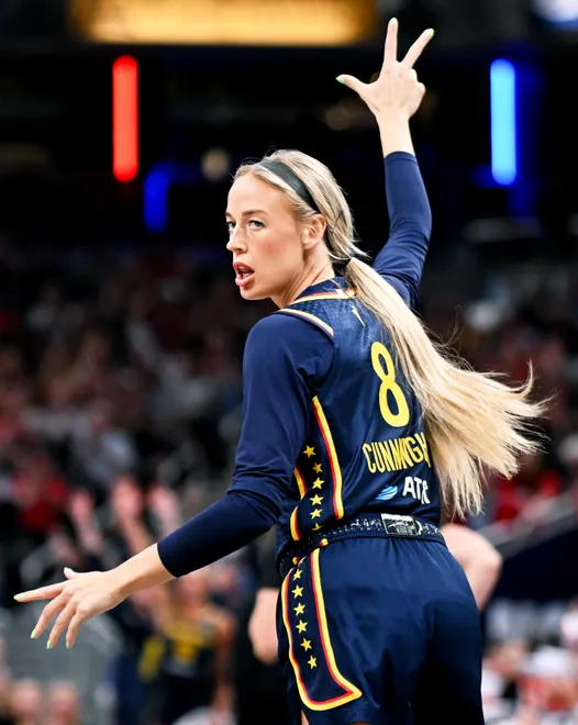 INDIANAPOLIS, INDIANA - JULY 18: Sophie Cunningham #8 of the Indiana Fever reacts to a made 3-pointer during the first half against the New York Liberty at Gainbridge Fieldhouse on July 18, 2026, in Indianapolis, Indiana. NOTE TO USER: User expressly acknowledges and agrees that, by downloading and or using this photograph, User is consenting to the terms and conditions of the Getty Images License Agreement. (Photo by Bobby Goddin/Getty Images)