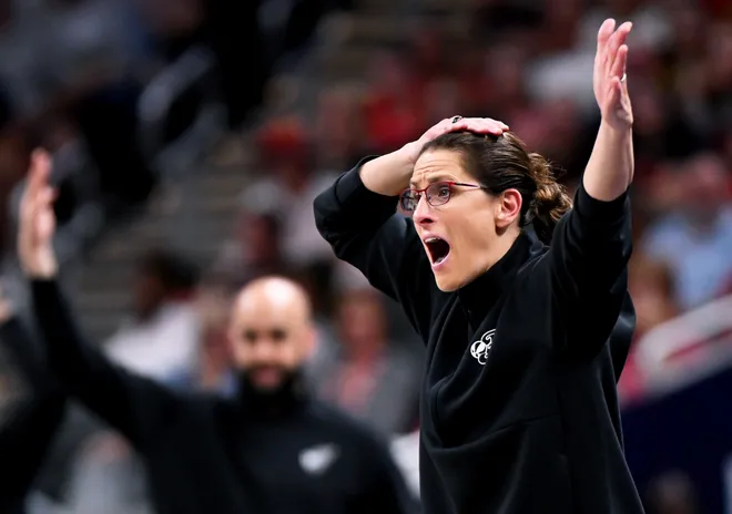INDIANAPOLIS, INDIANA - JULY 18: Head coach Stephanie White of the Indiana Fever reacts to a foul call against the New York Liberty during the second half at Gainbridge Fieldhouse on July 18, 2026, in Indianapolis, Indiana. NOTE TO USER: User expressly acknowledges and agrees that, by downloading and or using this photograph, User is consenting to the terms and conditions of the Getty Images License Agreement. (Photo by Bobby Goddin/Getty Images)