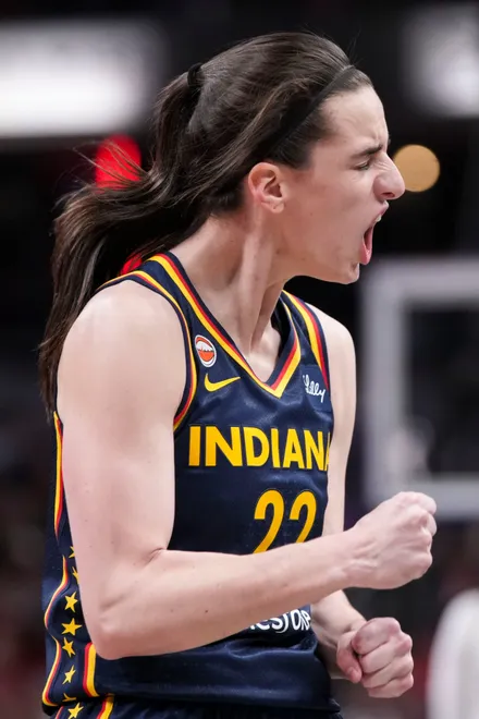 Indiana Fever guard Caitlin Clark (22) yells in frustration at the officiating crew, which led to a technical foul being assessed during the first half of a game at Gainbridge Fieldhouse in Indianapolis on Saturday, July 18, 2026.