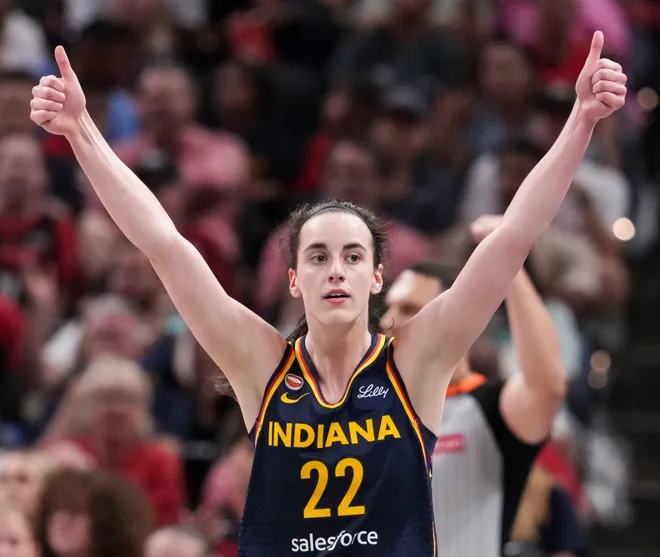 Indiana Fever guard Caitlin Clark (22) reacts after a foul is called during the first half of a game at Gainbridge Fieldhouse in Indianapolis on Saturday, July 18, 2026.