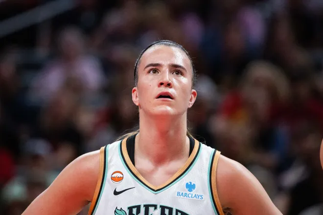 Jul 18, 2026; Indianapolis, Indiana, USA; New York Liberty guard Sabrina Ionescu (20) in the first half against the Indiana Fever at Gainbridge Fieldhouse. Mandatory Credit: Trevor Ruszkowski-Imagn Images