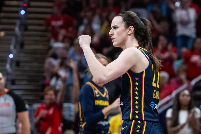 Jul 18, 2026; Indianapolis, Indiana, USA; Indiana Fever guard Caitlin Clark (22) celebrates a made basket in the second half against the New York Liberty at Gainbridge Fieldhouse. Mandatory Credit: Trevor Ruszkowski-Imagn Images