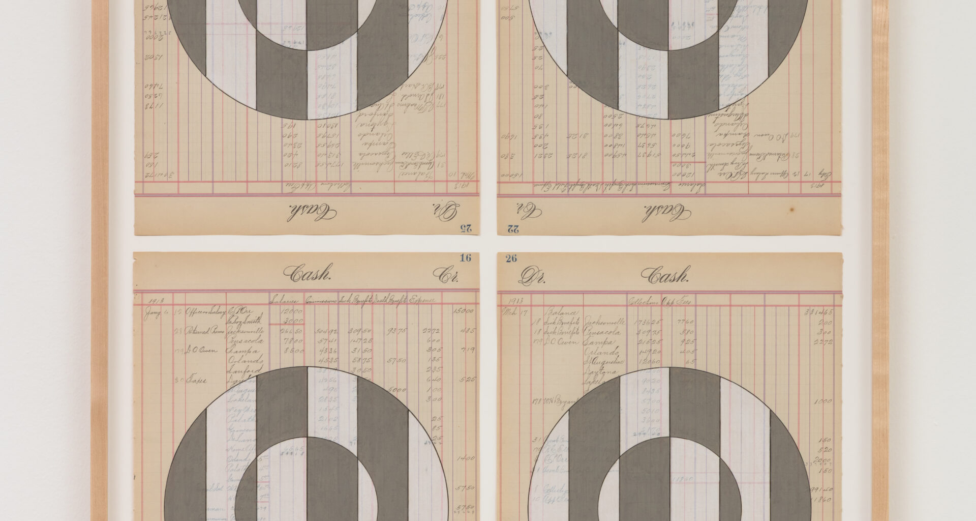 Terran Last Gun, Ancient Futurism Is Now, 2026. Quadriptych ledger drawing: ink and colored pencil on antique “cash” ledger sheets, dated 1913, 33 ¼ × 22 ½ inches. Courtesy the artist and Diane Rosenstein Gallery. Photo: Robert Wedemeyer.
