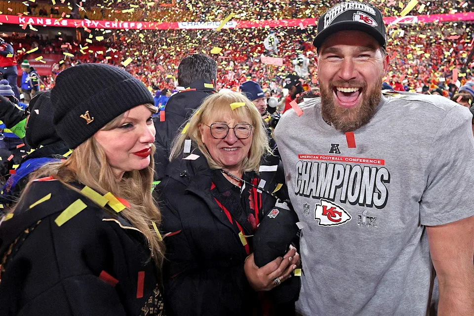 Taylor Swift, Donna Kelce, and Travis Kelce in Kansas City in 2025Credit: Jamie Squire/Getty