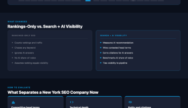 Choosing a New York SEO company in 2026, ranked results plus AI-answer visibility, criteria, a Manhattan skyline, and NEWMEDIA.COM at One World Trade