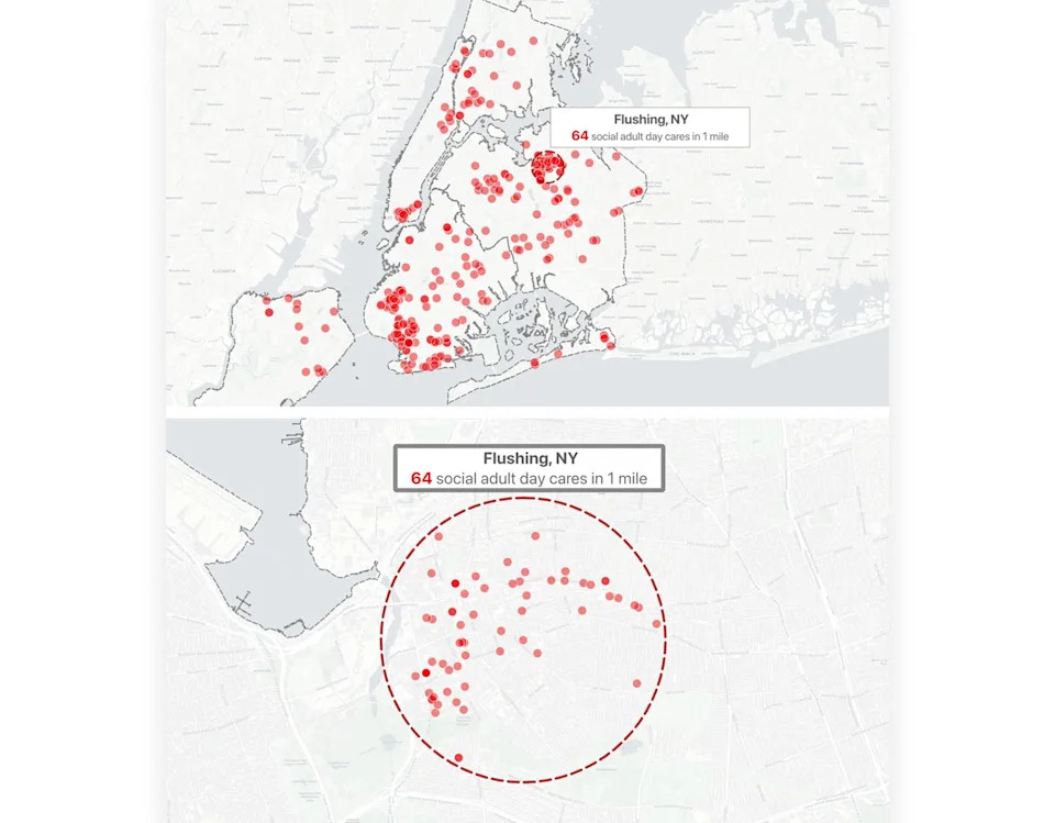 Maps show locations of social adult daycare centers in New York City, including 64 in the neighborhood of Flushing, Queens. / Credit: CBS News