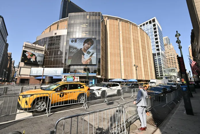 A view outside Madison Square Garden ahead of a reported wedding between singer Taylor Swift and National Football League player Travis Kelce on on Thursday, July 2, 2026, in New York.